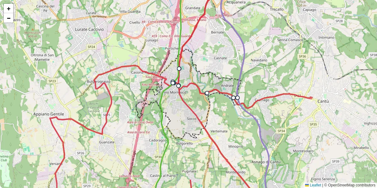 Mappa dettagliata del trasporto pubblico a Fino Mornasco con linee autobus, tram e collegamenti