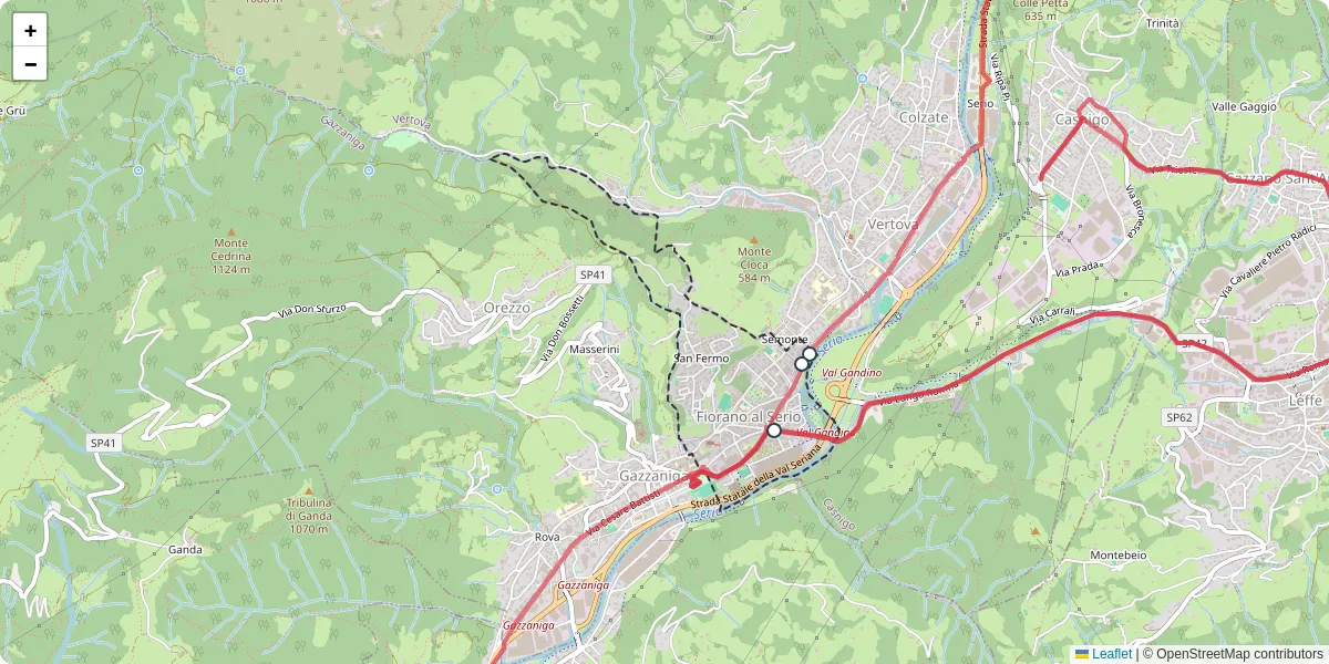Mappa dettagliata del trasporto pubblico a Fiorano al Serio con linee autobus, tram e collegamenti
