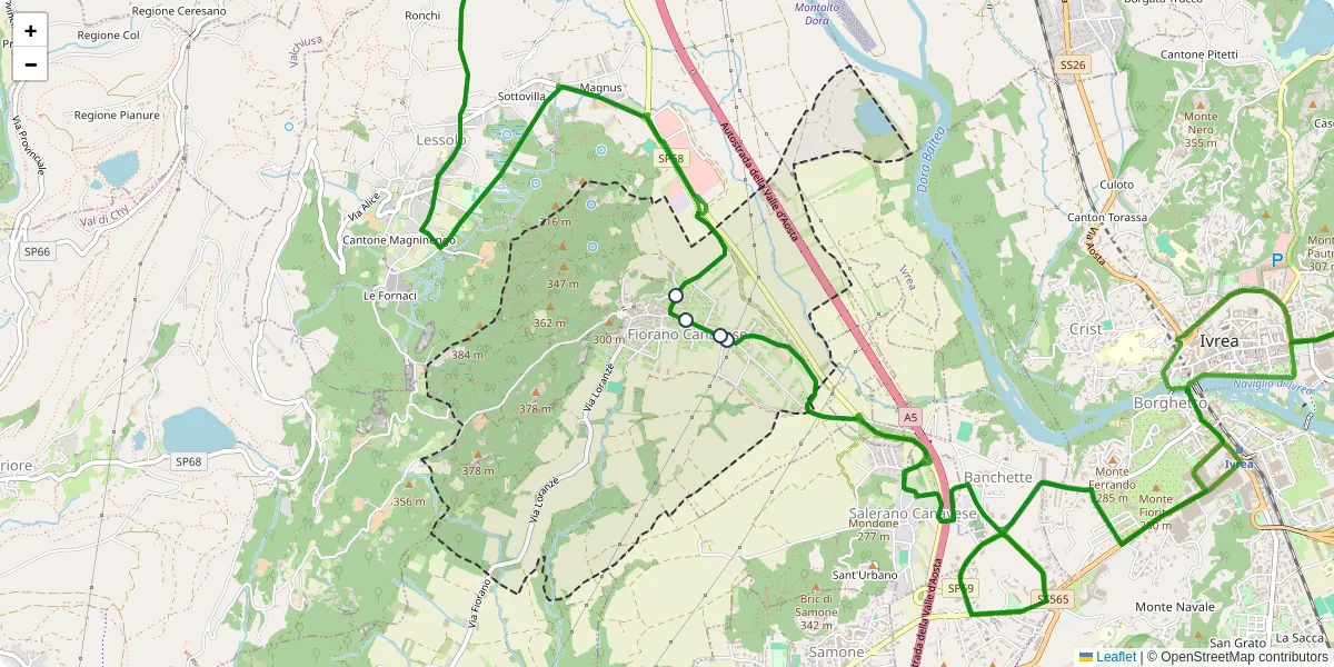 Mappa dettagliata del trasporto pubblico a Fiorano Canavese con linee autobus, tram e collegamenti