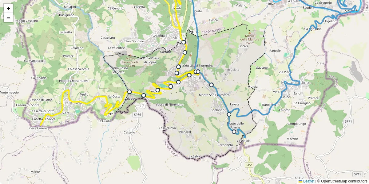 Mappa dettagliata del trasporto pubblico a Fiorentino con linee autobus, tram e collegamenti