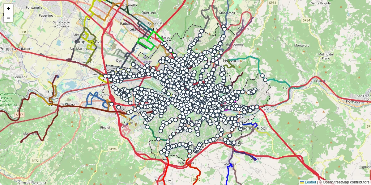 Mappa dettagliata del trasporto pubblico a Firenze con linee autobus, tram e collegamenti