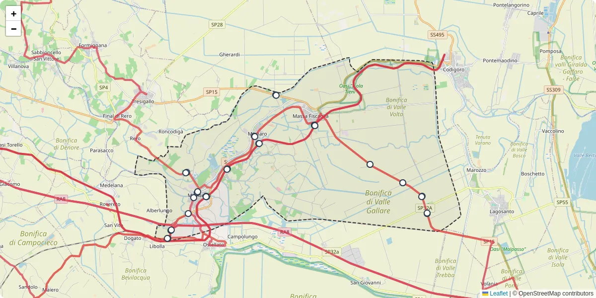Mappa dettagliata del trasporto pubblico a Fiscaglia con linee autobus, tram e collegamenti