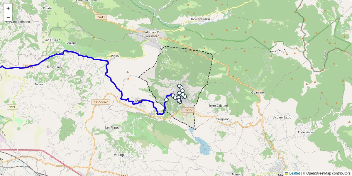 Mappa dettagliata del trasporto pubblico a Fiuggi con linee autobus, tram e collegamenti