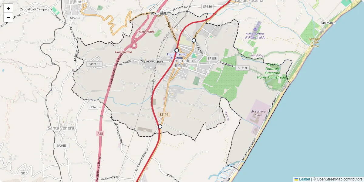 Mappa dettagliata del trasporto pubblico a Fiumefreddo di Sicilia con linee autobus, tram e collegamenti