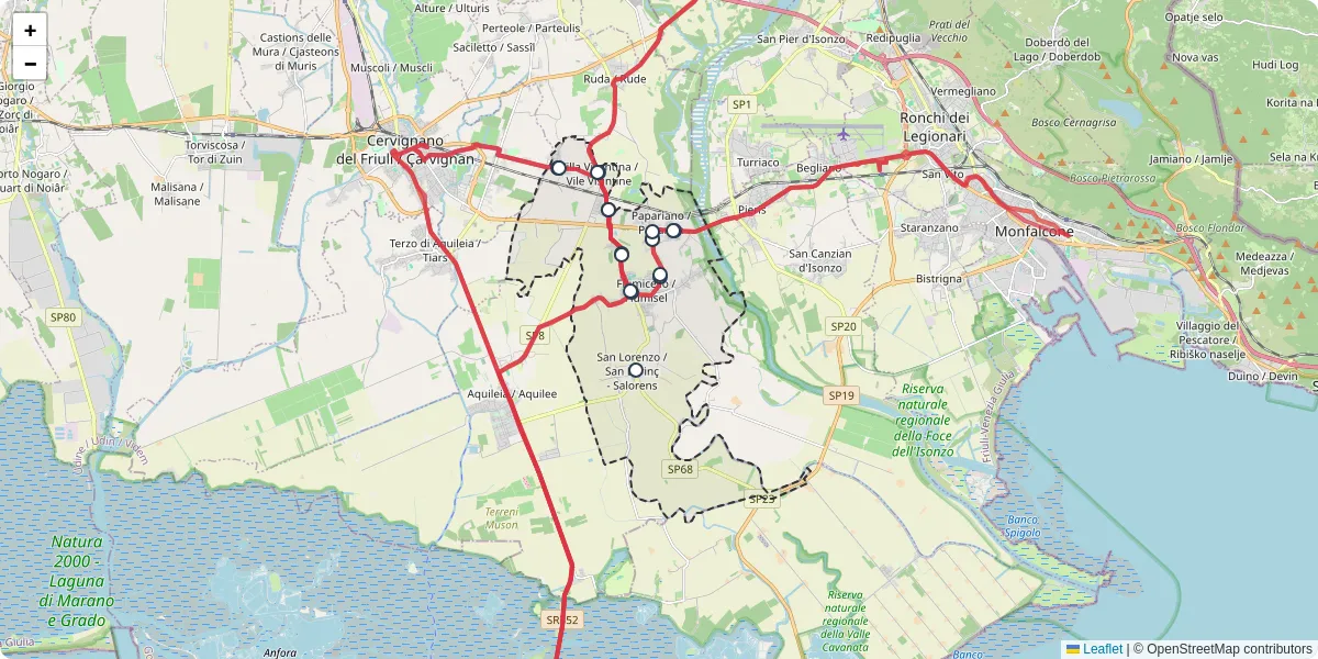 Mappa dettagliata del trasporto pubblico a Fiumicello Villa Vicentina / Flumisel Vile Visintine con linee autobus, tram e collegamenti