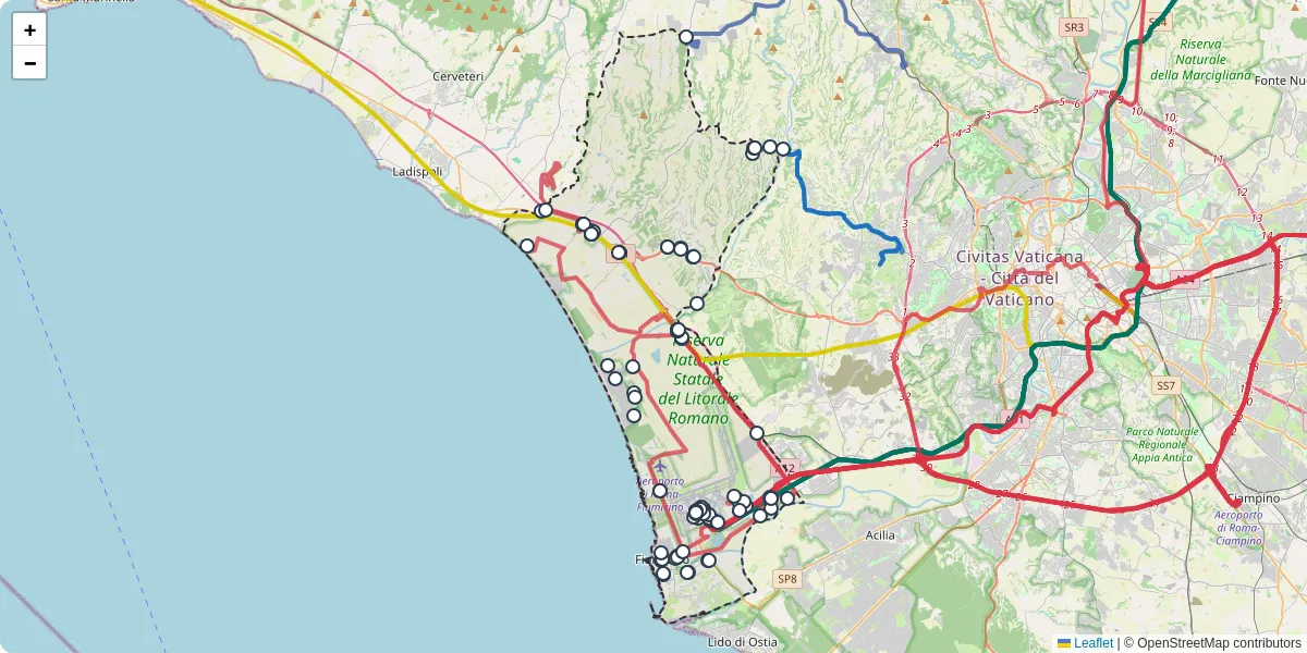 Mappa dettagliata del trasporto pubblico a Fiumicino con linee autobus, tram e collegamenti