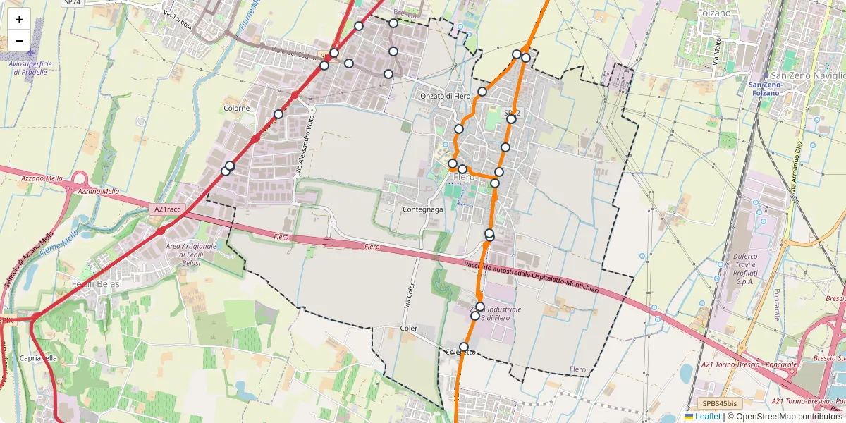 Mappa dettagliata del trasporto pubblico a Flero con linee autobus, tram e collegamenti