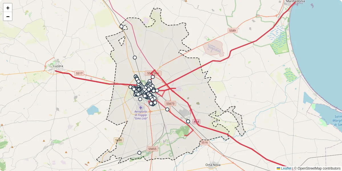 Mappa dettagliata del trasporto pubblico a Foggia con linee autobus, tram e collegamenti