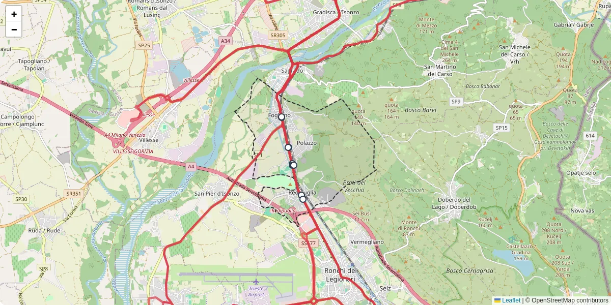 Mappa dettagliata del trasporto pubblico a Fogliano Redipuglia con linee autobus, tram e collegamenti