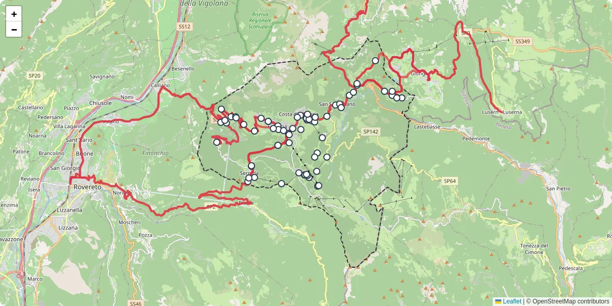 Mappa dettagliata del trasporto pubblico a Folgaria con linee autobus, tram e collegamenti