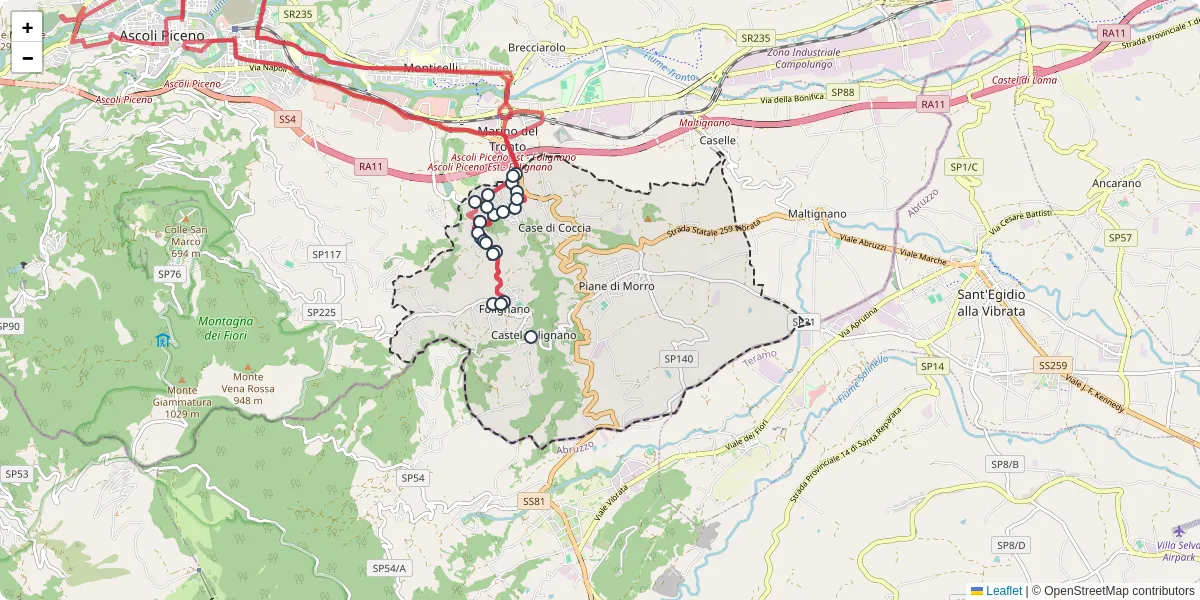 Mappa dettagliata del trasporto pubblico a Folignano con linee autobus, tram e collegamenti