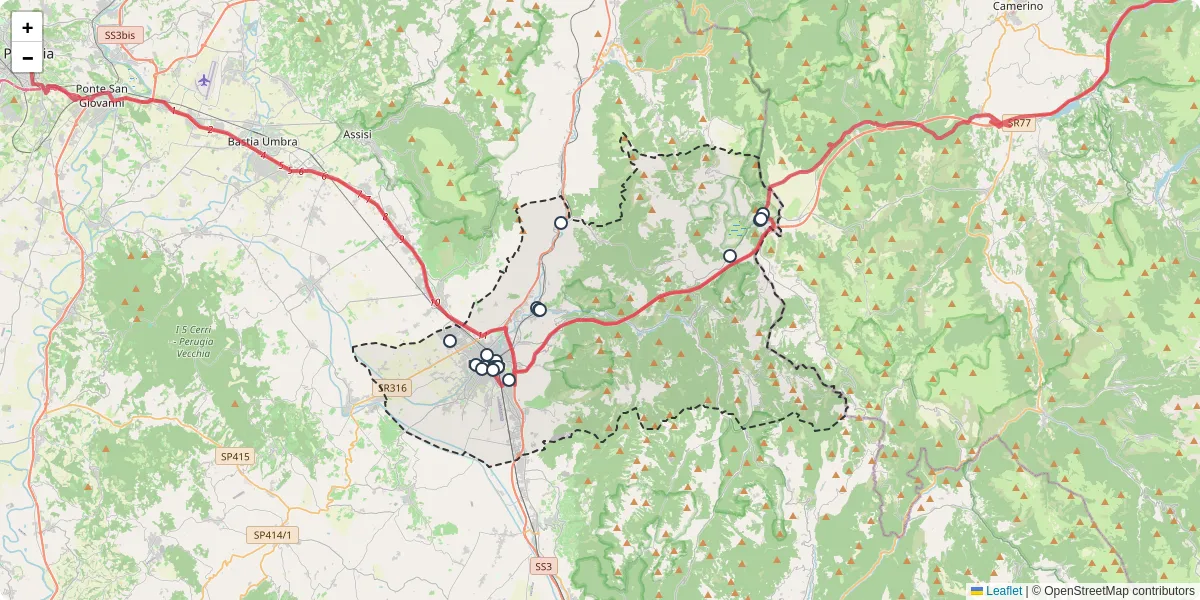 Mappa dettagliata del trasporto pubblico a Foligno con linee autobus, tram e collegamenti