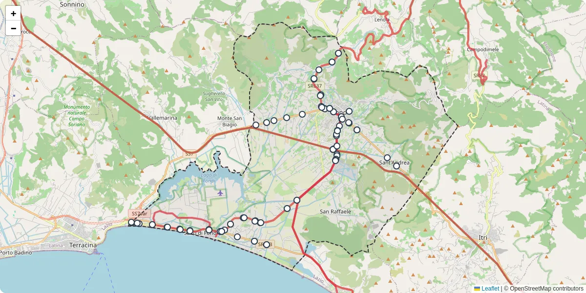 Mappa dettagliata del trasporto pubblico a Fondi con linee autobus, tram e collegamenti