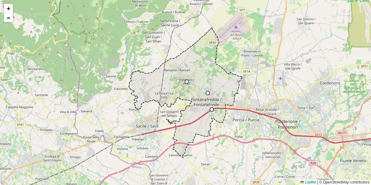 Mappa dettagliata del trasporto pubblico a Fontanafredda / Fontanefrede con linee autobus, tram e collegamenti