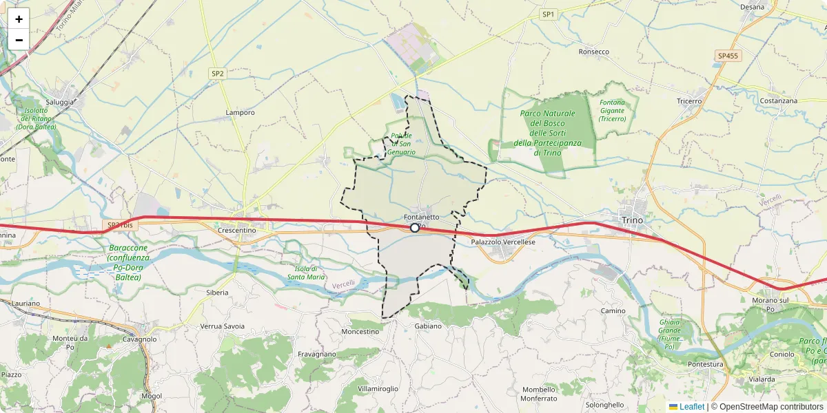 Mappa dettagliata del trasporto pubblico a Fontanetto Po con linee autobus, tram e collegamenti