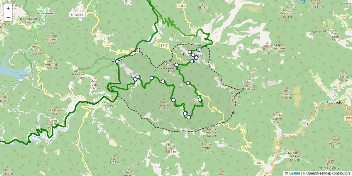 Mappa dettagliata del trasporto pubblico a Fontanigorda con linee autobus, tram e collegamenti
