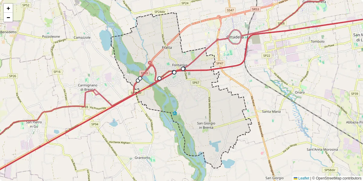 Mappa dettagliata del trasporto pubblico a Fontaniva con linee autobus, tram e collegamenti