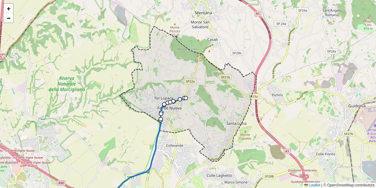 Mappa dettagliata del trasporto pubblico a Fonte Nuova con linee autobus, tram e collegamenti