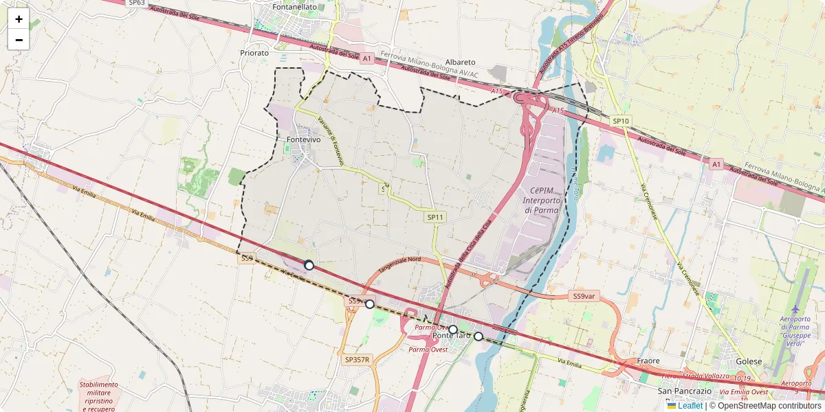 Mappa dettagliata del trasporto pubblico a Fontevivo con linee autobus, tram e collegamenti
