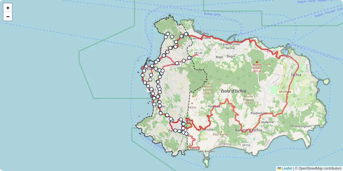 Mappa dettagliata del trasporto pubblico a Forio con linee autobus, tram e collegamenti
