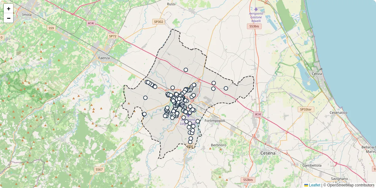 Mappa dettagliata del trasporto pubblico a Forlì con linee autobus, tram e collegamenti