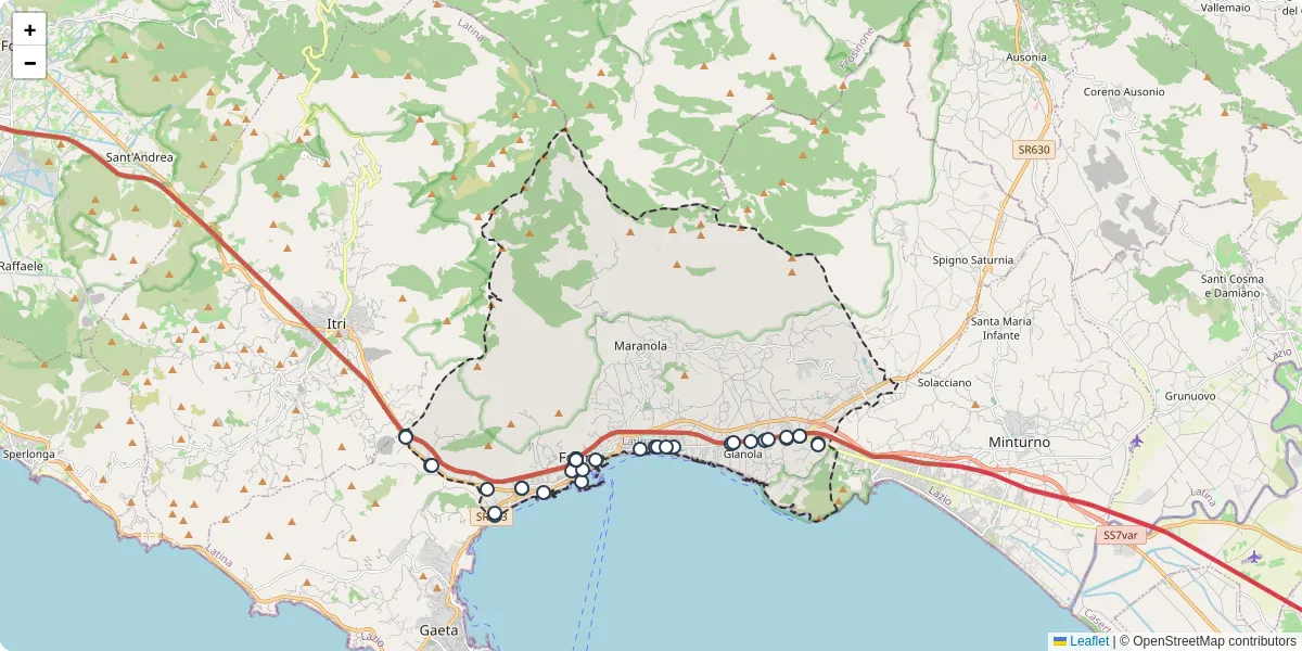 Mappa dettagliata del trasporto pubblico a Formia con linee autobus, tram e collegamenti