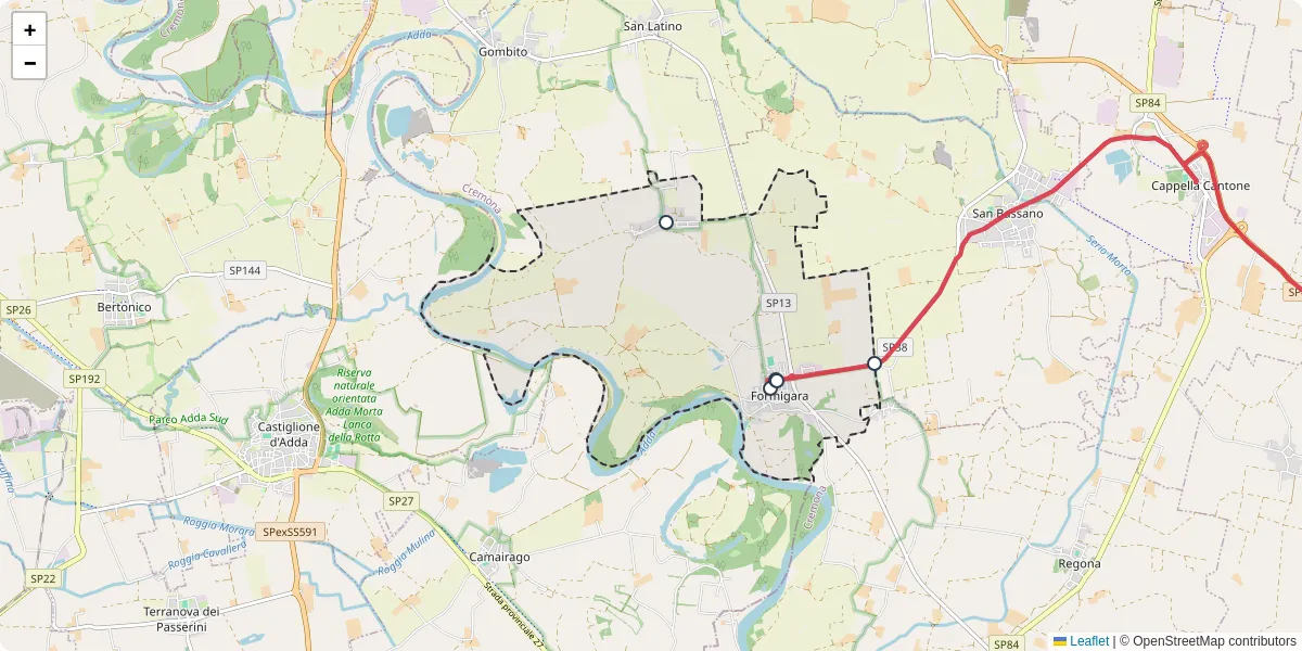 Mappa dettagliata del trasporto pubblico a Formigara con linee autobus, tram e collegamenti