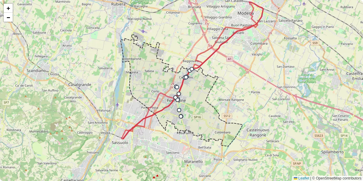 Mappa dettagliata del trasporto pubblico a Formigine con linee autobus, tram e collegamenti