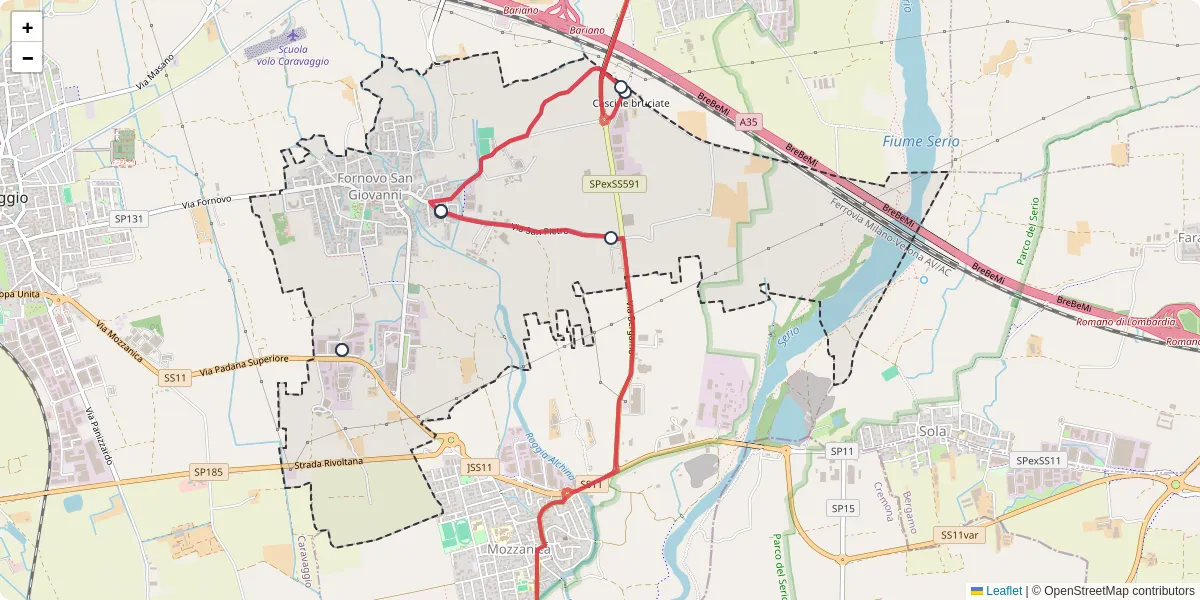 Mappa dettagliata del trasporto pubblico a Fornovo San Giovanni con linee autobus, tram e collegamenti