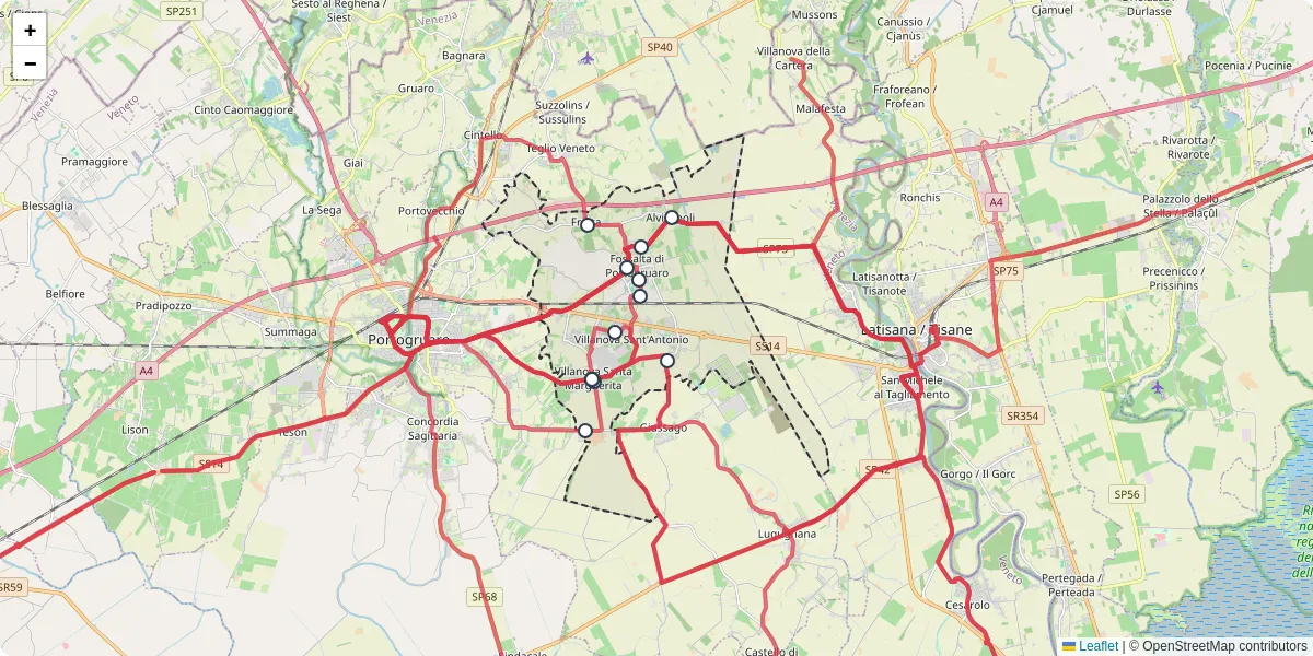 Mappa dettagliata del trasporto pubblico a Fossalta di Portogruaro con linee autobus, tram e collegamenti