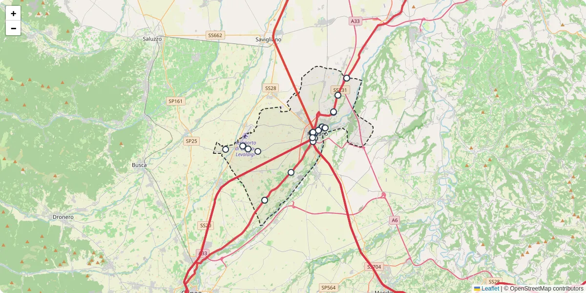 Mappa dettagliata del trasporto pubblico a Fossano con linee autobus, tram e collegamenti