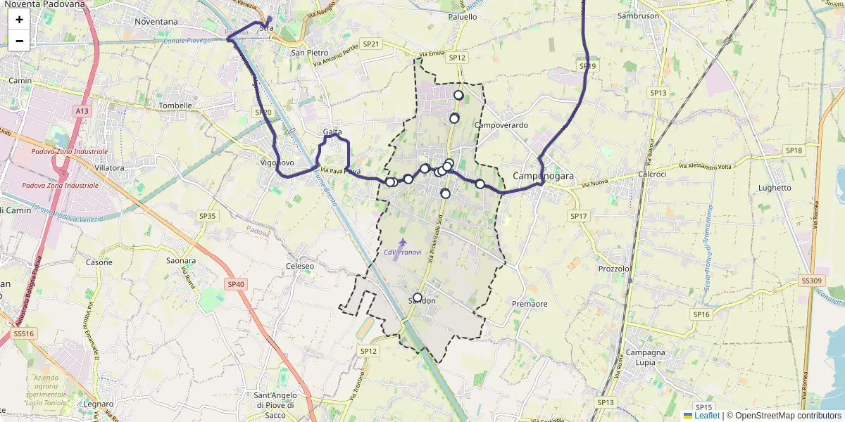 Mappa dettagliata del trasporto pubblico a Fossò con linee autobus, tram e collegamenti