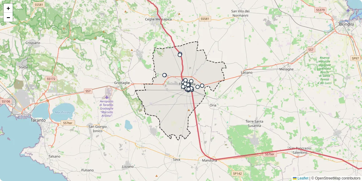 Mappa dettagliata del trasporto pubblico a Francavilla Fontana con linee autobus, tram e collegamenti