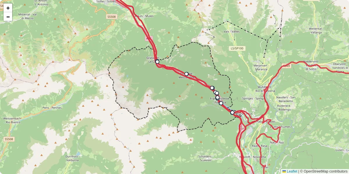 Mappa dettagliata del trasporto pubblico a Franzensfeste - Fortezza con linee autobus, tram e collegamenti