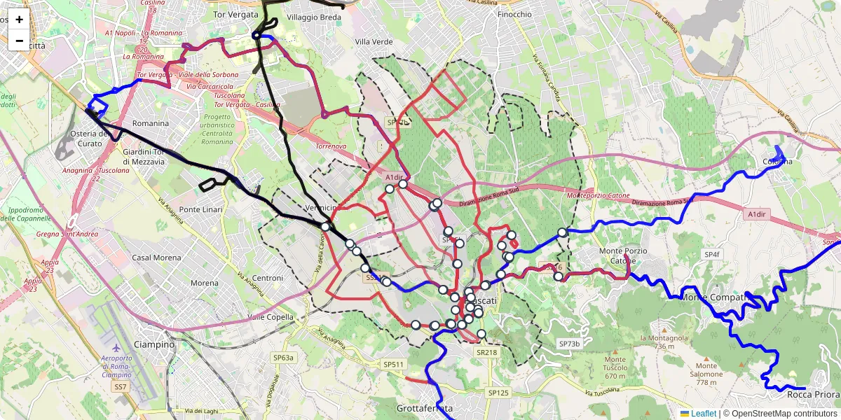 Mappa dettagliata del trasporto pubblico a Frascati con linee autobus, tram e collegamenti
