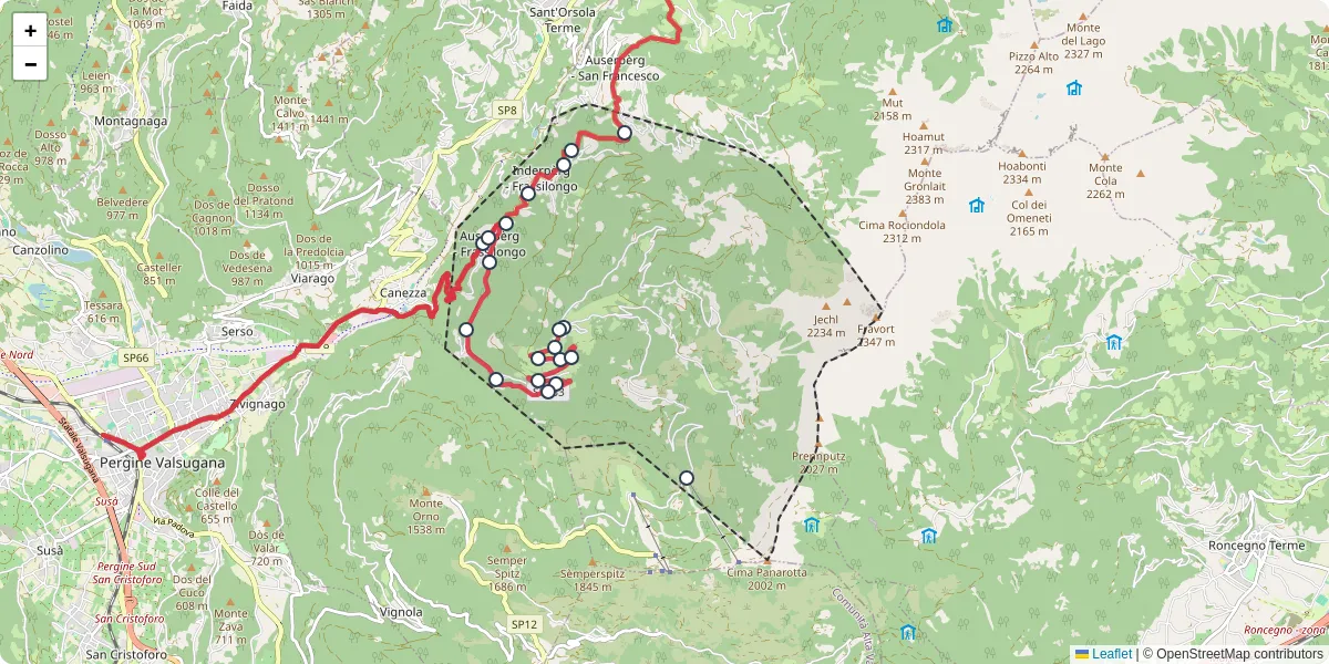 Mappa dettagliata del trasporto pubblico a Frassilongo - Garait con linee autobus, tram e collegamenti