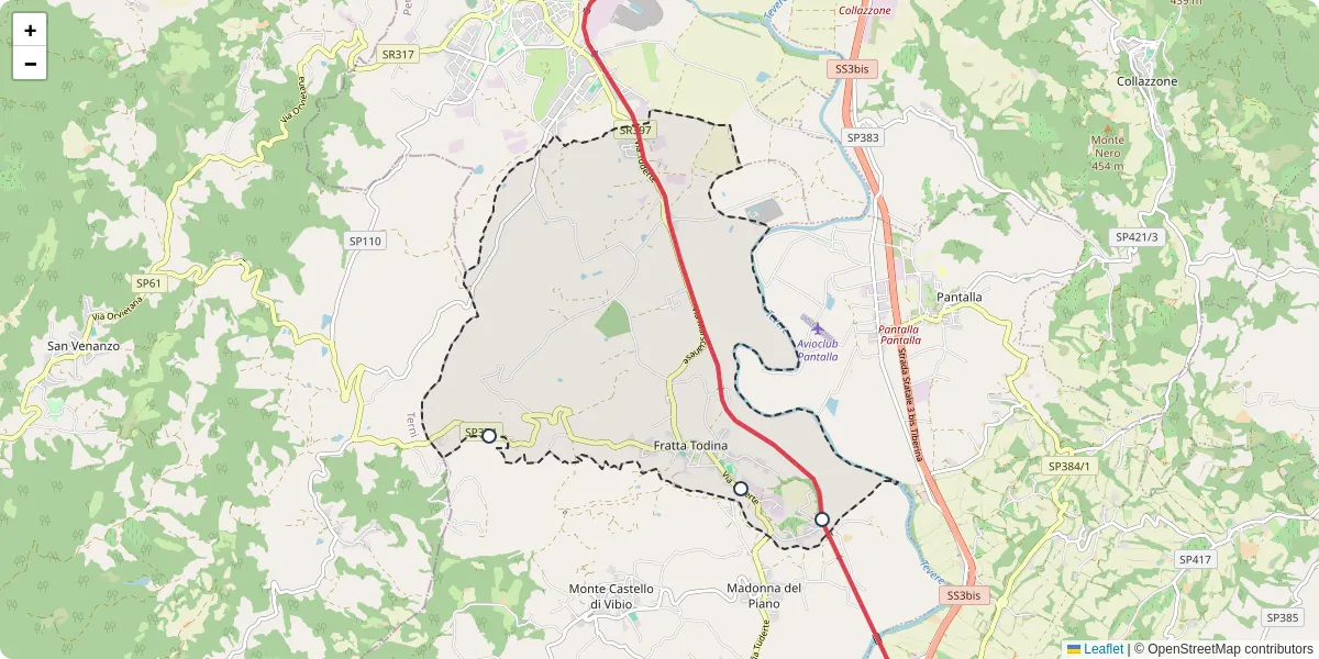 Mappa dettagliata del trasporto pubblico a Fratta Todina con linee autobus, tram e collegamenti