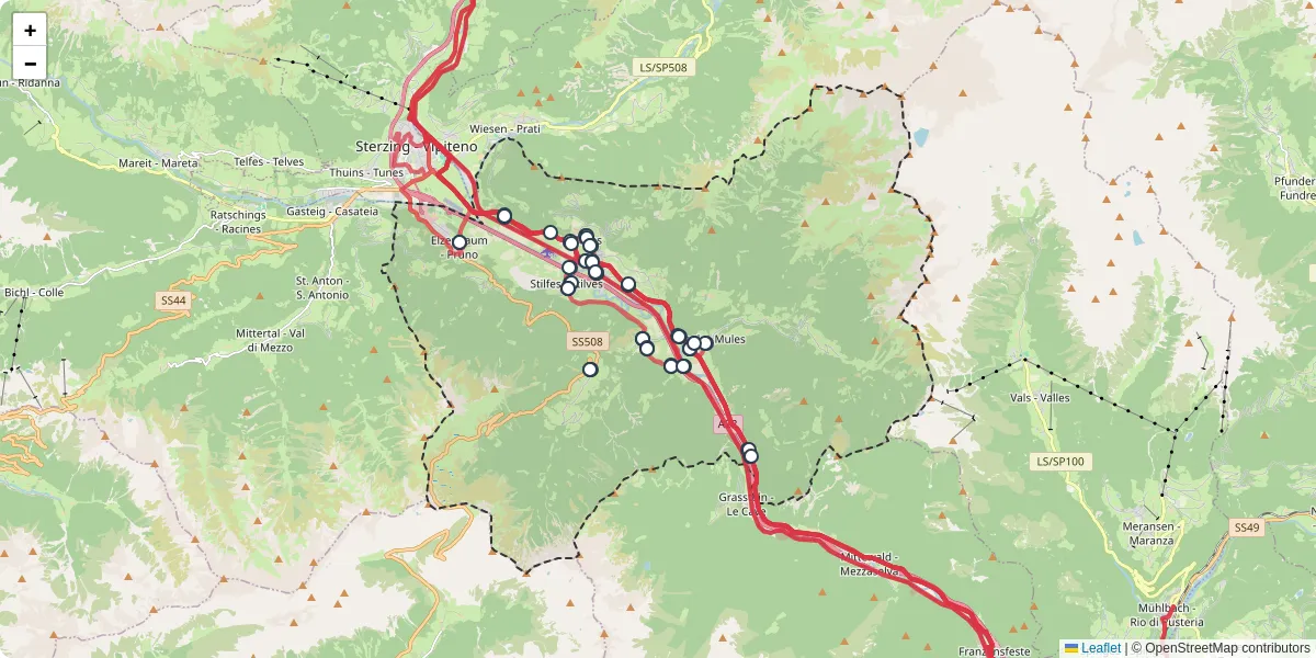 Mappa dettagliata del trasporto pubblico a Freienfeld - Campo di Trens con linee autobus, tram e collegamenti