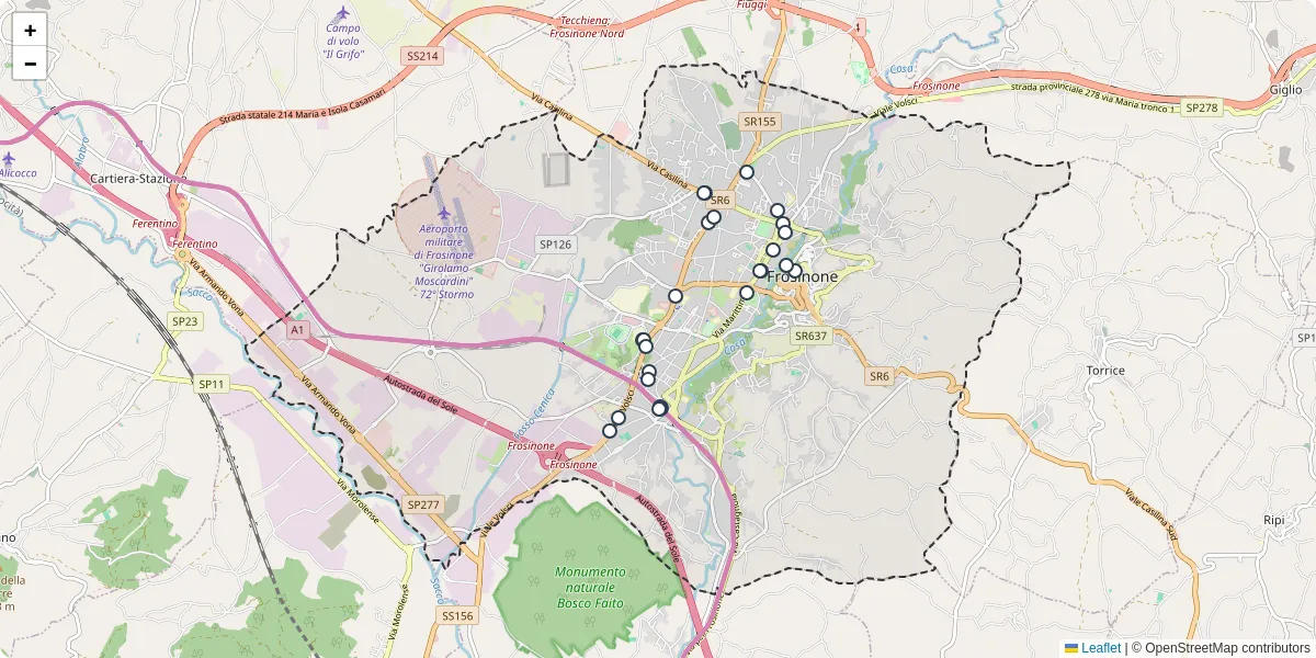 Mappa dettagliata del trasporto pubblico a Frosinone con linee autobus, tram e collegamenti