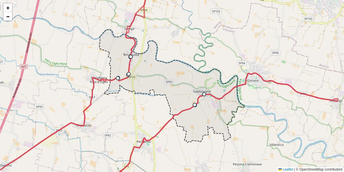 Mappa dettagliata del trasporto pubblico a Gabbioneta-Binanuova con linee autobus, tram e collegamenti