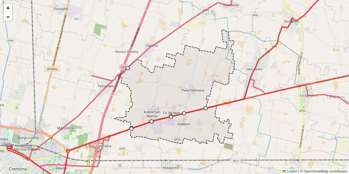 Mappa dettagliata del trasporto pubblico a Gadesco-Pieve Delmona con linee autobus, tram e collegamenti