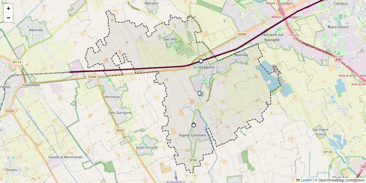 Mappa dettagliata del trasporto pubblico a Gaggiano con linee autobus, tram e collegamenti