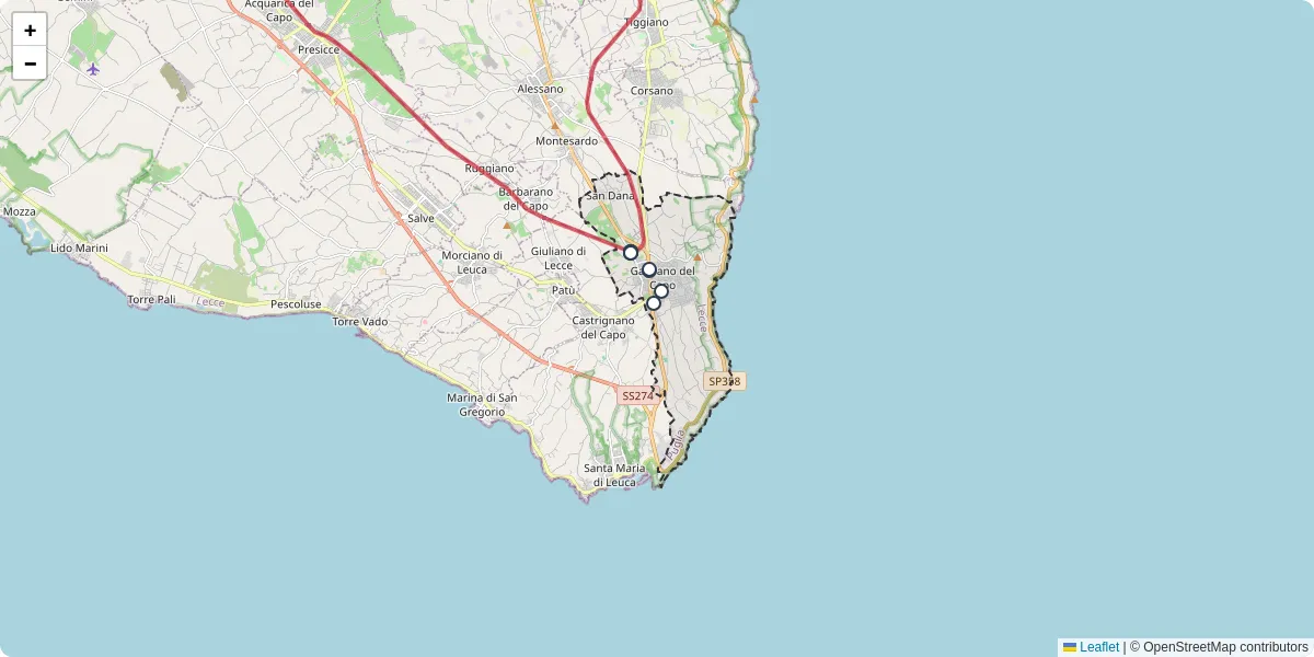 Mappa dettagliata del trasporto pubblico a Gagliano del Capo con linee autobus, tram e collegamenti