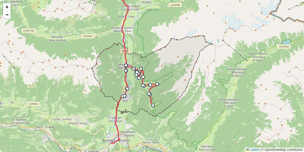 Mappa dettagliata del trasporto pubblico a Gais con linee autobus, tram e collegamenti