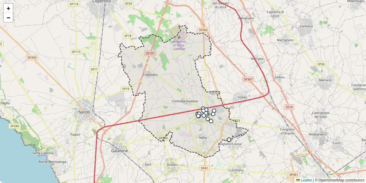 Mappa dettagliata del trasporto pubblico a Galatina con linee autobus, tram e collegamenti