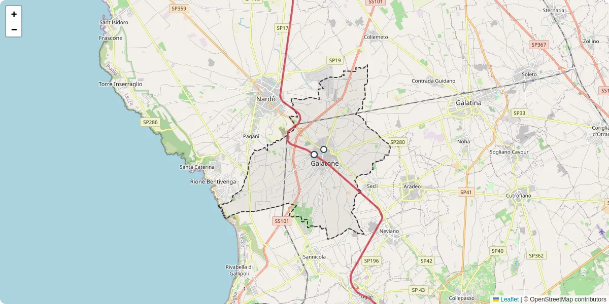 Mappa dettagliata del trasporto pubblico a Galatone con linee autobus, tram e collegamenti