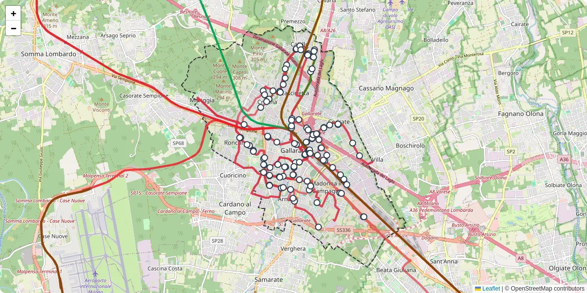 Mappa dettagliata del trasporto pubblico a Gallarate con linee autobus, tram e collegamenti