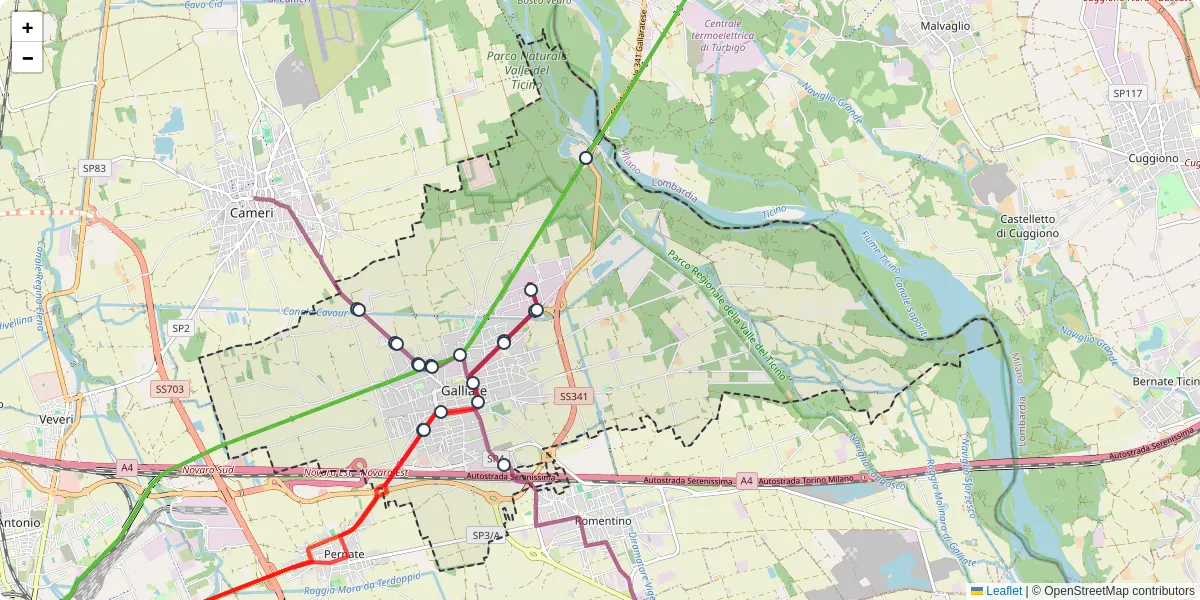 Mappa dettagliata del trasporto pubblico a Galliate con linee autobus, tram e collegamenti