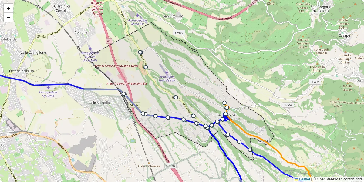 Mappa dettagliata del trasporto pubblico a Gallicano nel Lazio con linee autobus, tram e collegamenti