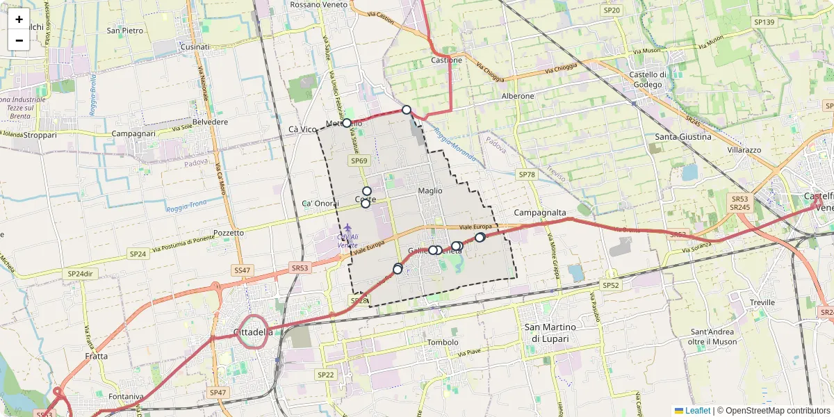 Mappa dettagliata del trasporto pubblico a Galliera Veneta con linee autobus, tram e collegamenti